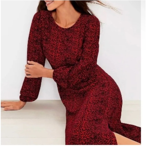 LOFT Animal Print Slit Midi Maxi Dress Long Sleeves Tango Red Holiday size 4 NEW - Picture 2 of 14